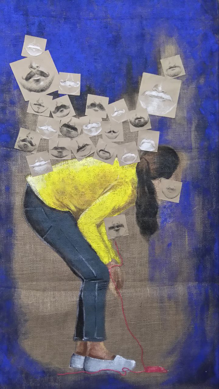 Mixed media art showing a bending figure with a yellow shirt and floating photos of mustaches above her back.
